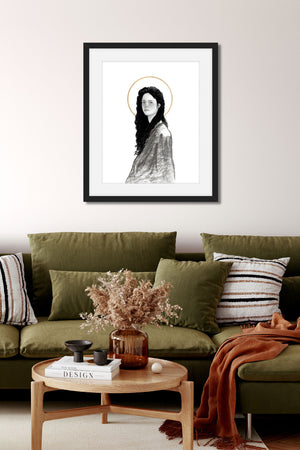 halo portrait drawing girl art print in a frame on wall