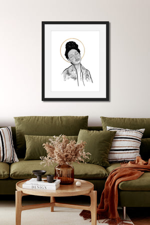 halo portrait drawing woman art print in frame on wall