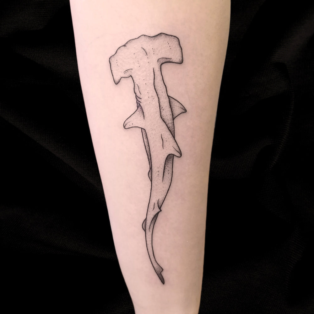 fine line hammerhead shark tattoo by Lydia Pitts