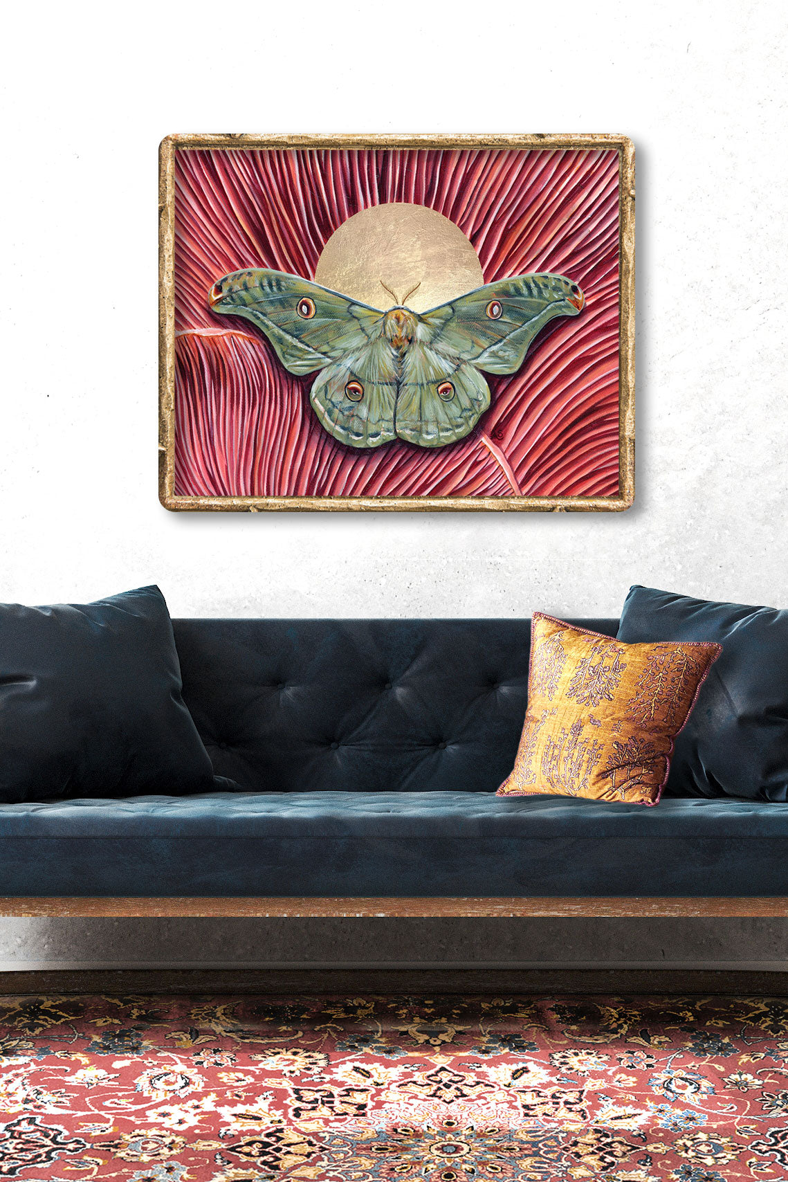 &#39;Harmony&#39; copaxa lavendera green moth pink mushroom art print framed over sofa