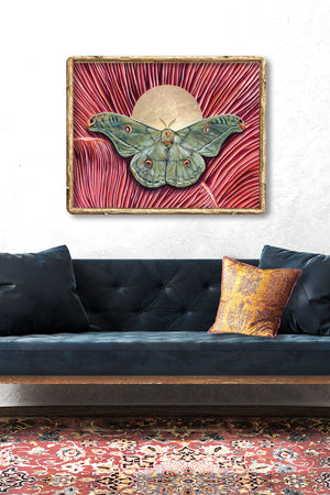 'Harmony' copaxa lavendera green moth pink mushroom art print framed over sofa