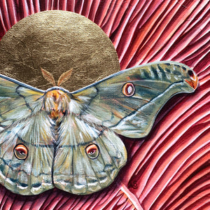 copaxia lavendera green moth mushroom painting gold leaf halo detail
