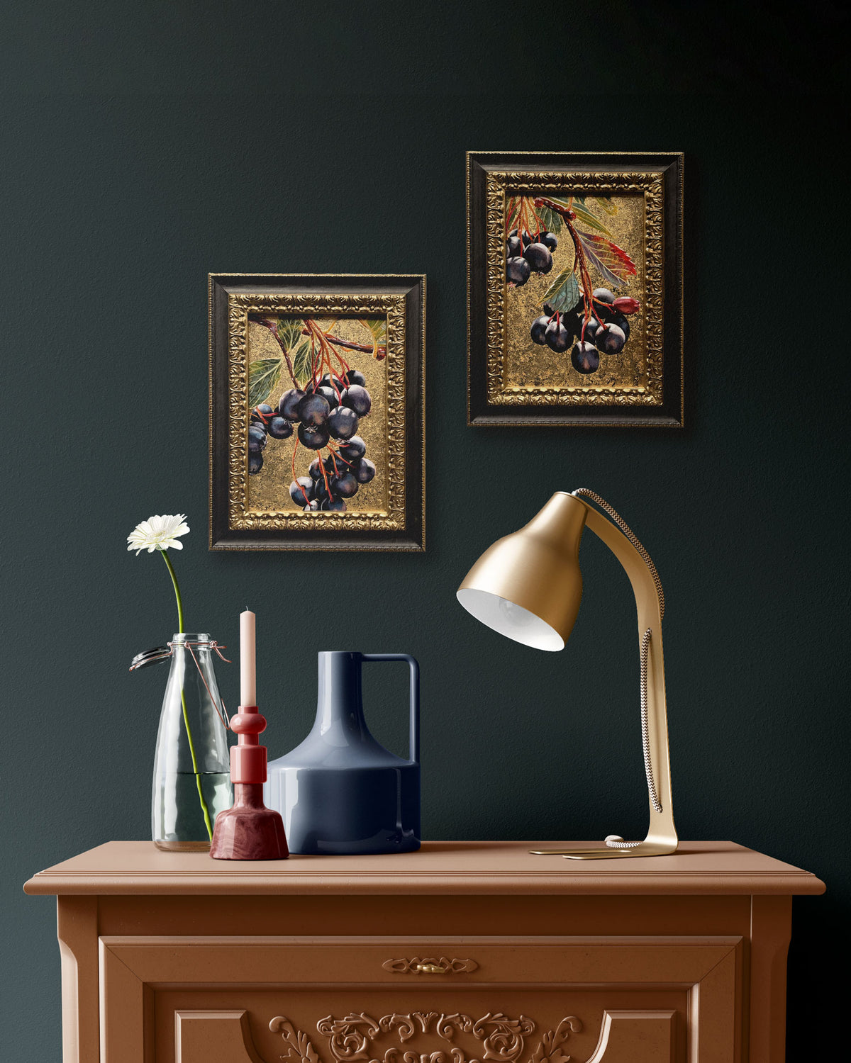 two framed gold leaf hawthorn berry paintings