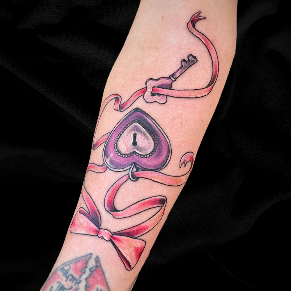 heart lock key pink ribbon tattoo by Cass Brown
