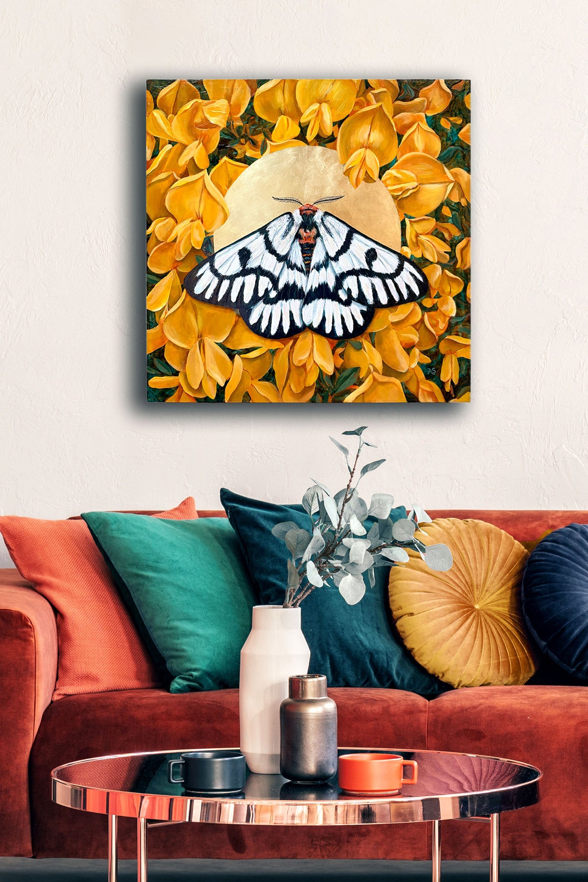 hera buckmoth yellow flower painting on wall
