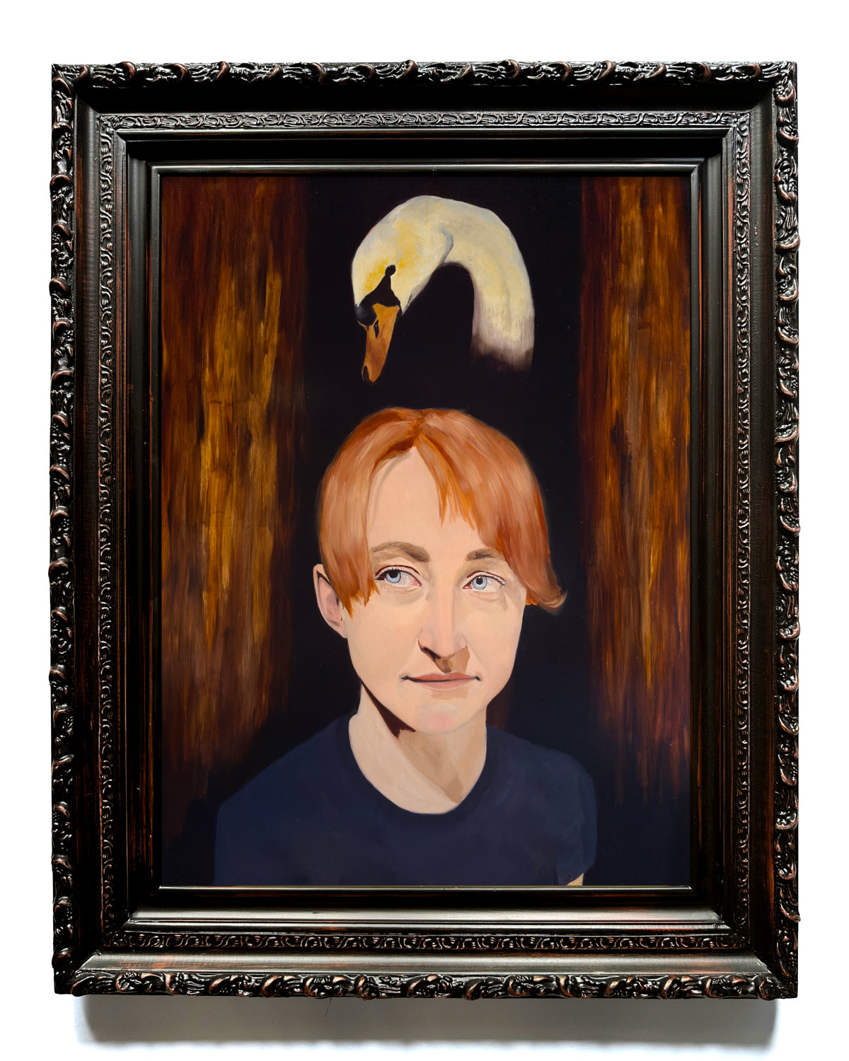 Framed Oil portrait painting of a woman with a swan above her head | Her Hands Chose Fire Over Forgetting by Danny Gordo