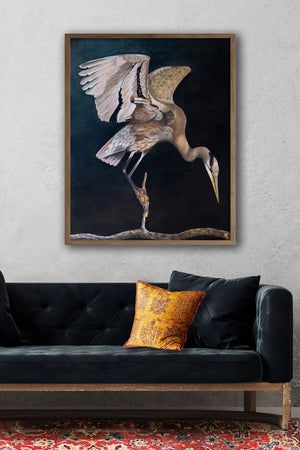 heron art print framed on wall