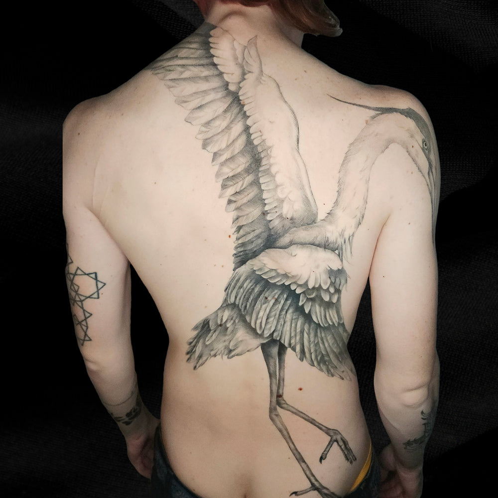 heron full back tattoo by Lydia Pitts