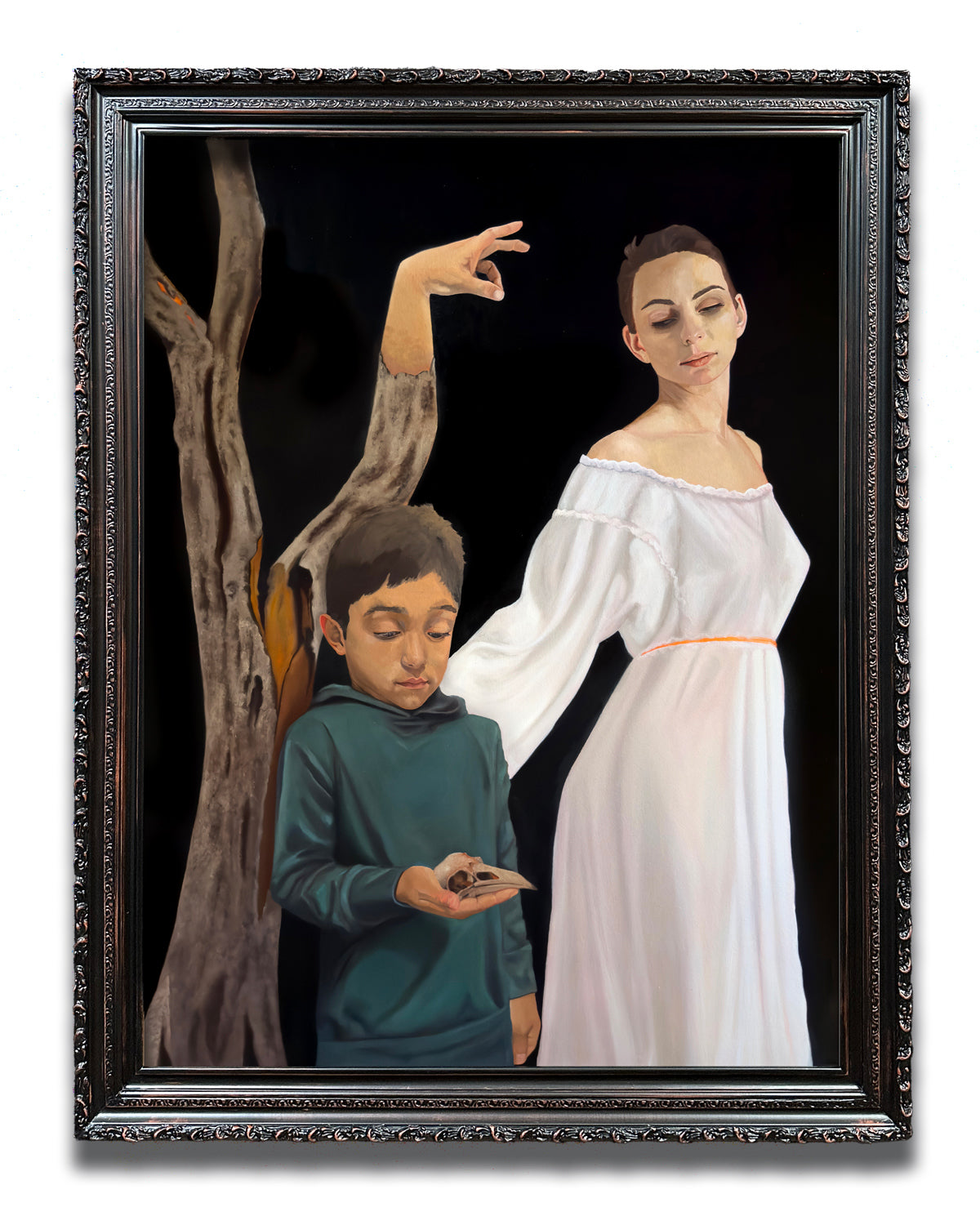 &quot;Hope Feels Fragile in This Dark&quot; Woman and Child Oil Painting in ornate frame by Danny Gordo