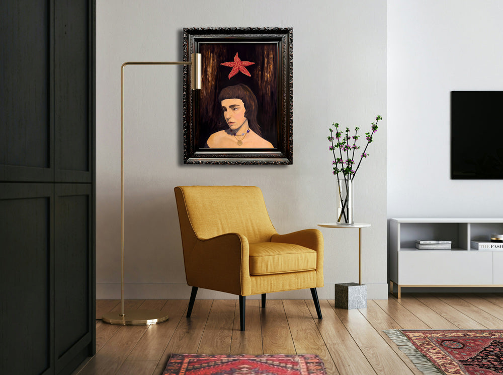 portrait painting on wall over chair
