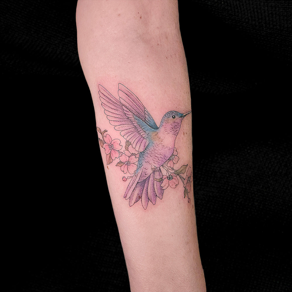 color hummingbird tattoo by Lydia Pitts