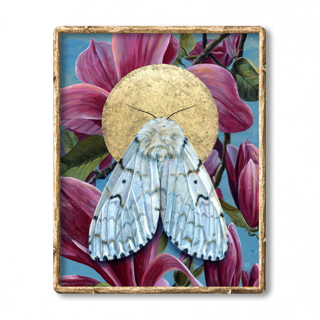 White moth pink magnolia art print