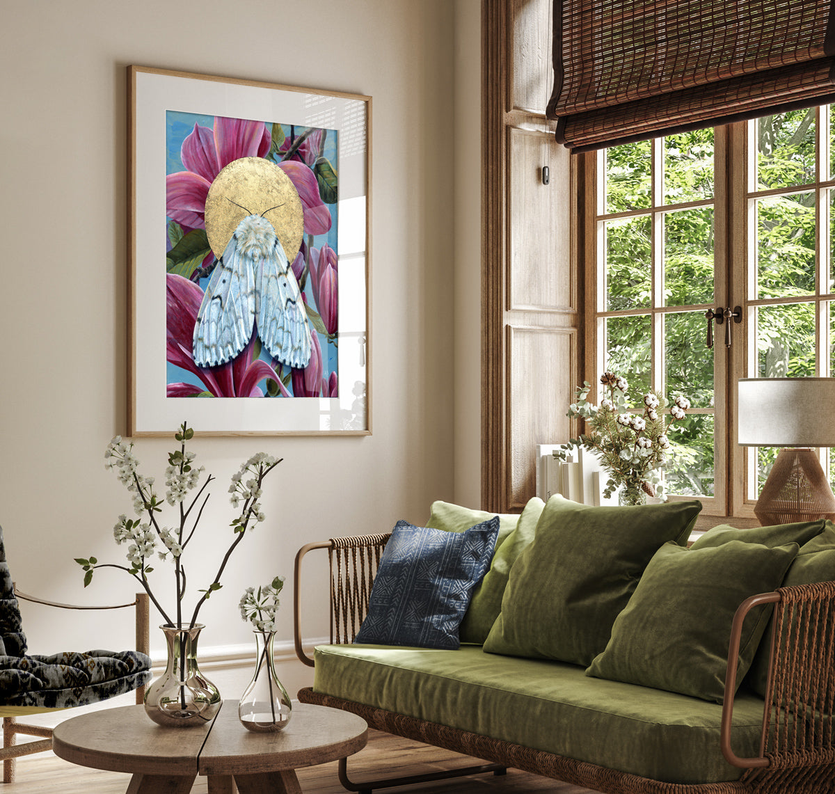 White moth pink magnolia art print on wall