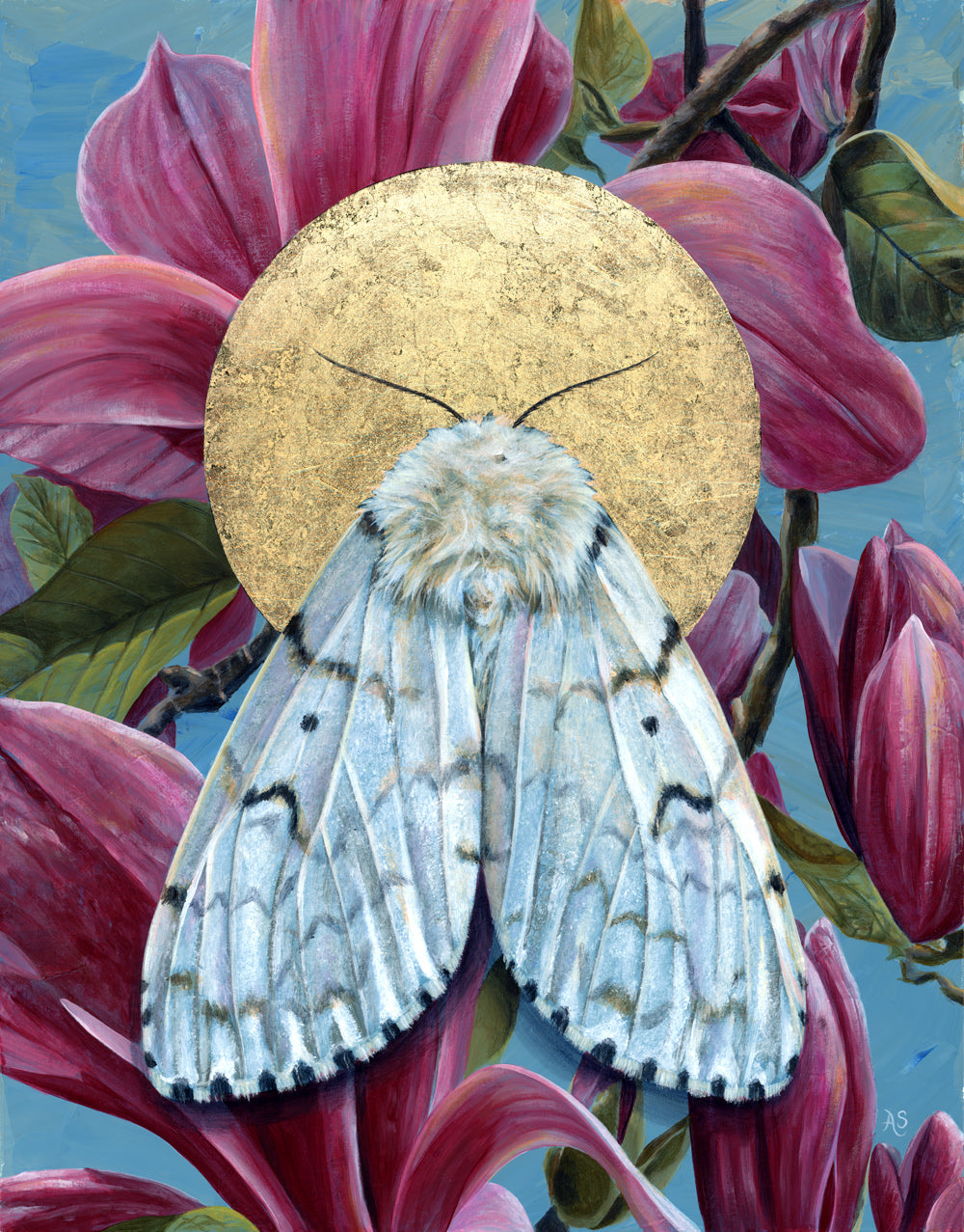 White moth pink magnolia art print