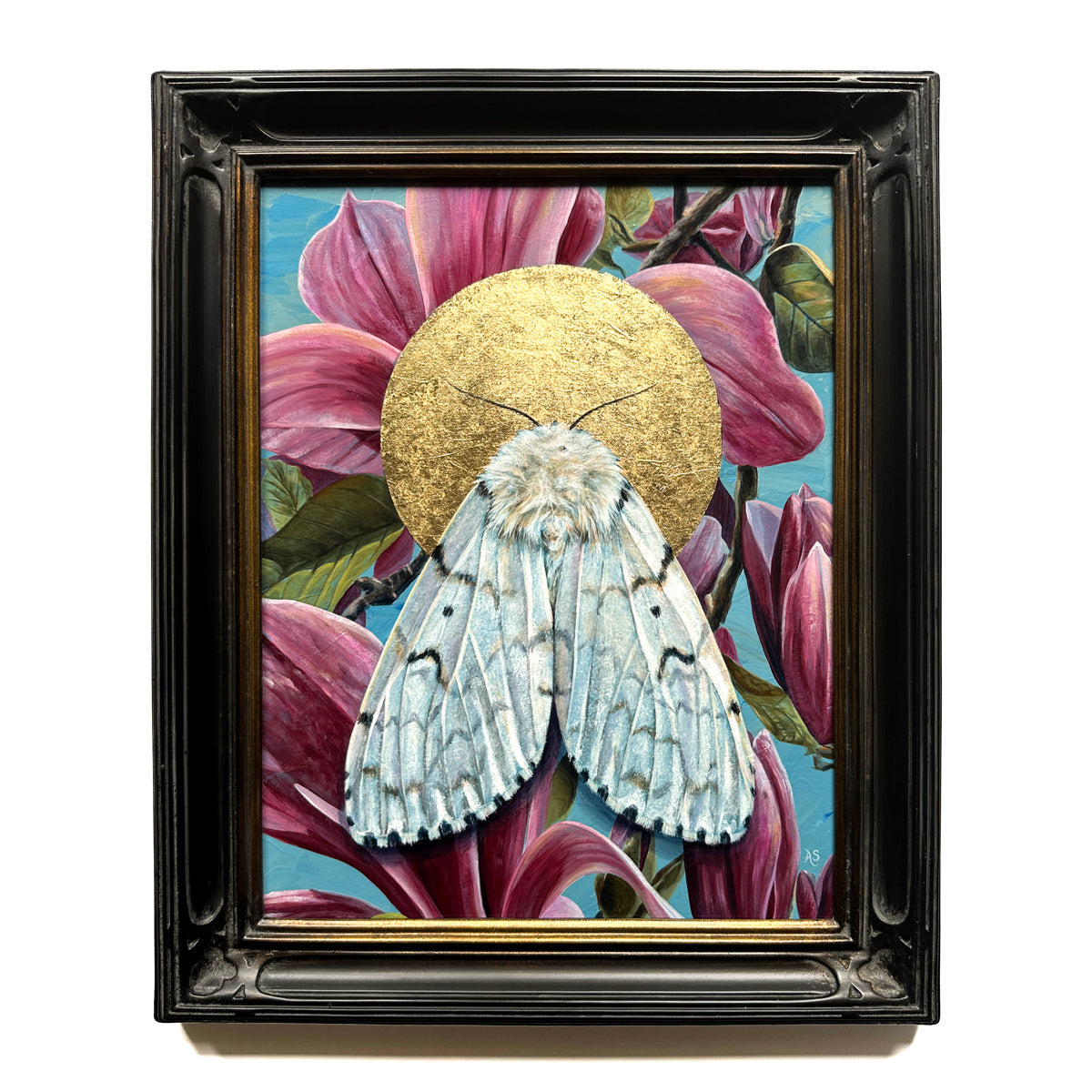 white spongy moth painting with gold leaf, pink magnolias and black frame 