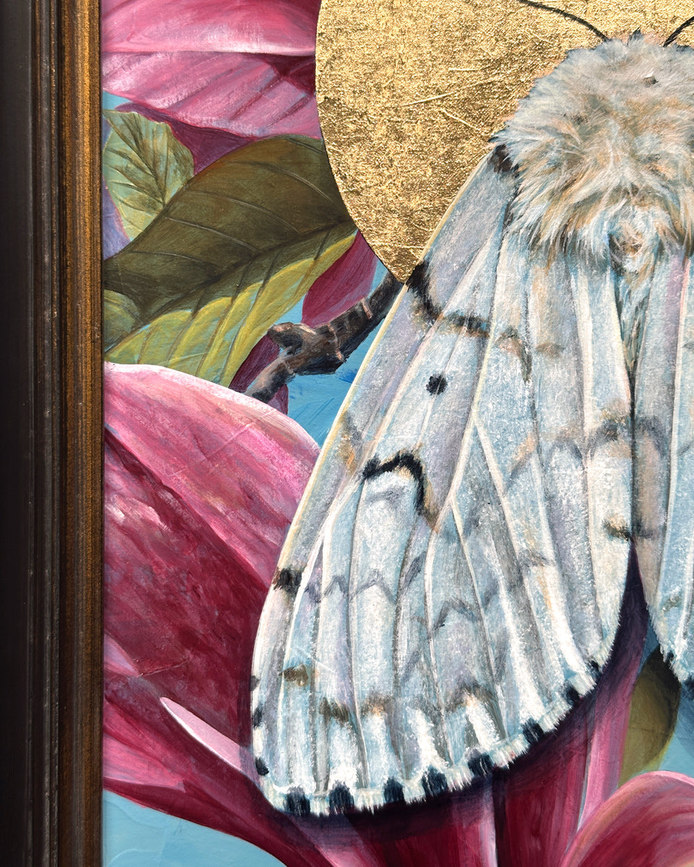white spongy moth painting with pink magnolias and black frame detail