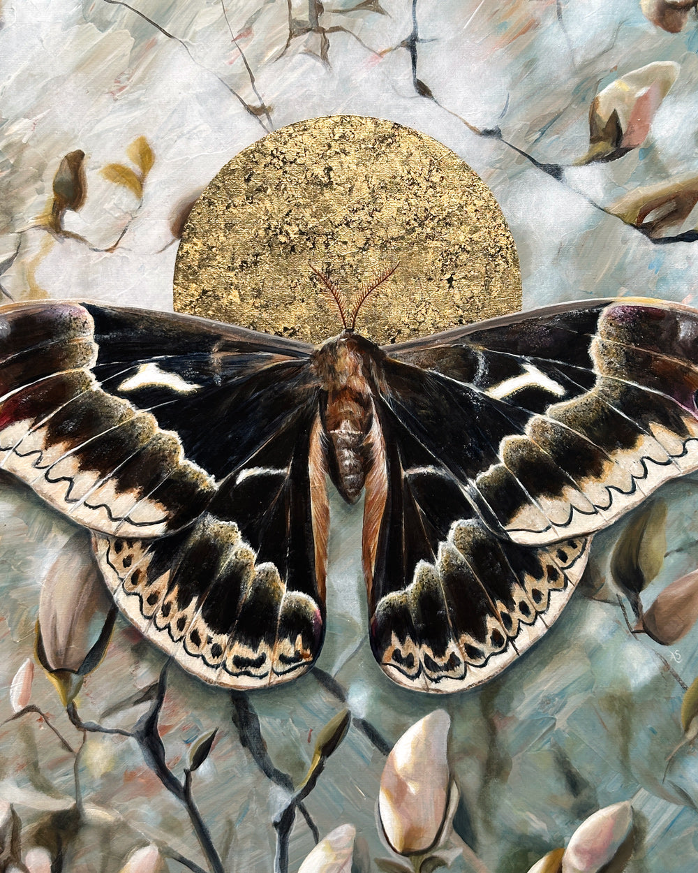 black silkmoth and magnolia painting detail