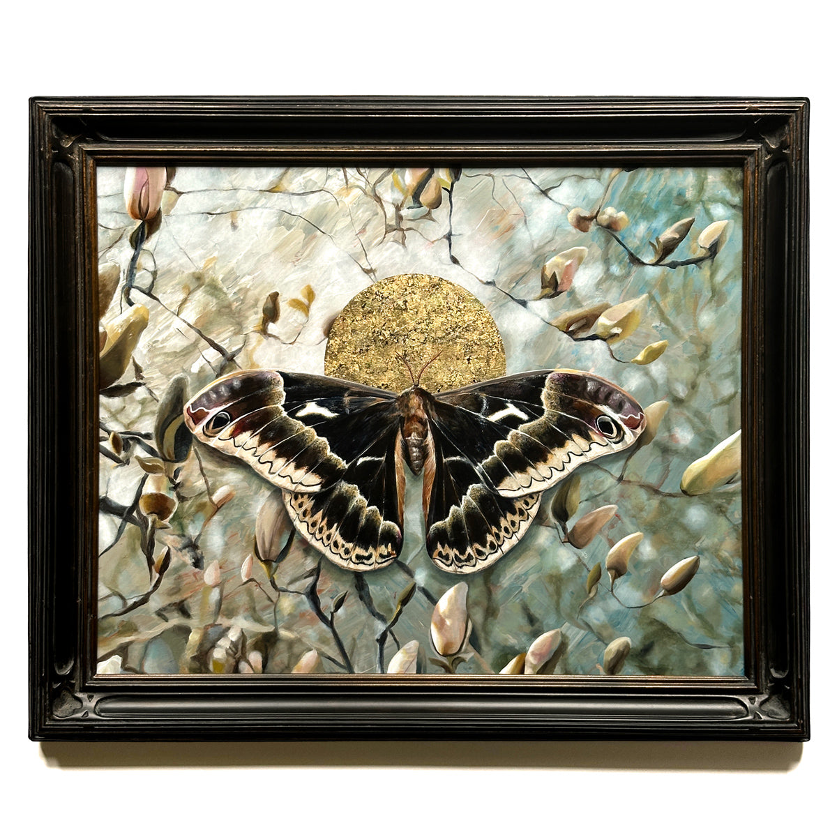 black silkmoth and magnolia painting with gold leaf in black frame