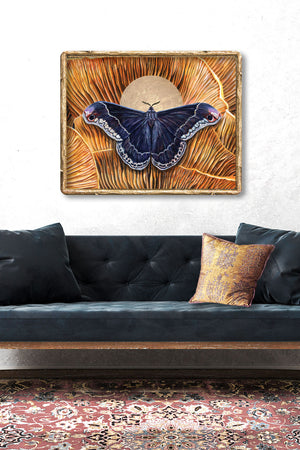 'Integrity' promethea black moth jack o'lantern mushroom art print framed on wall