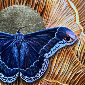 promethea black moth mushroom painting gold halo detail