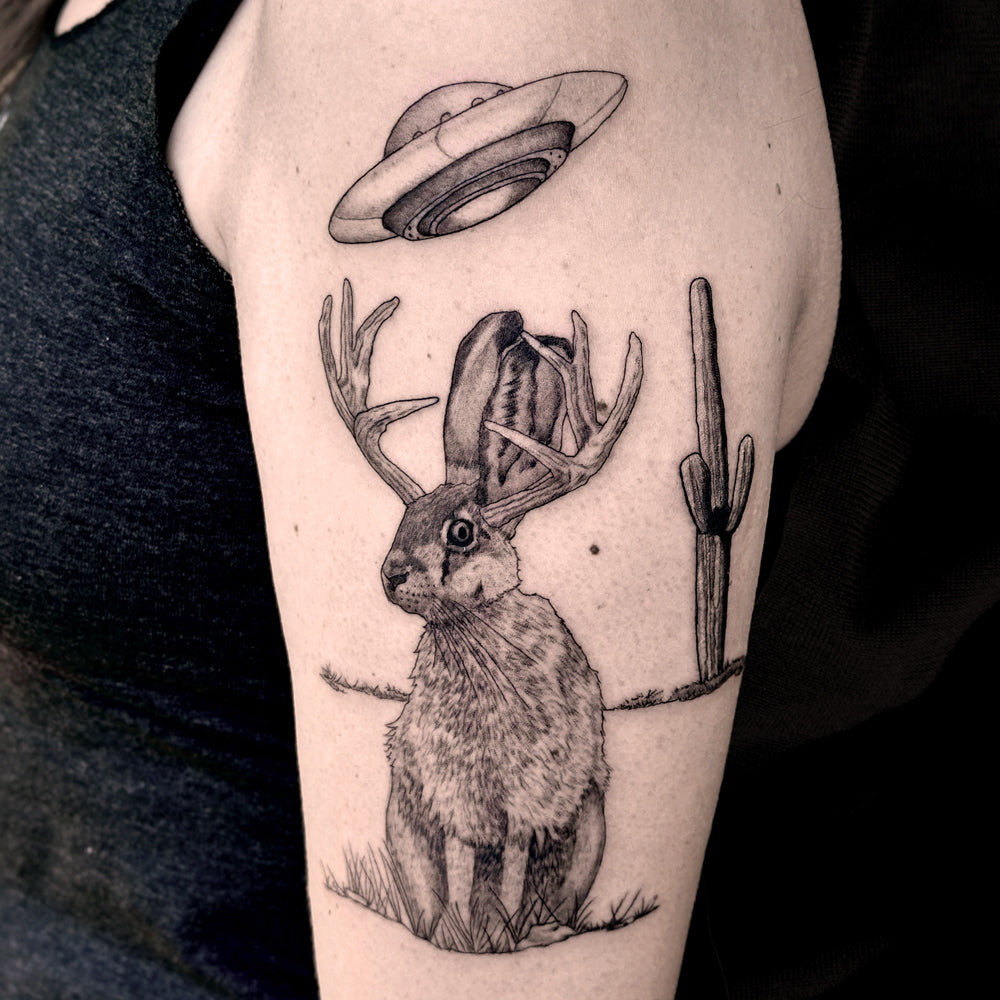 jackalope ufo tattoo by Danny Schreiber