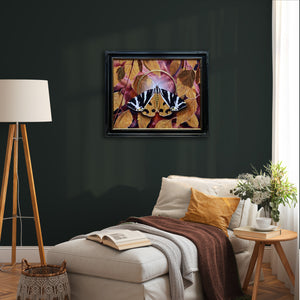 jersey tiger moth painting hanging on dark green wall