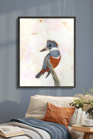 kingfisher art print framed on wall