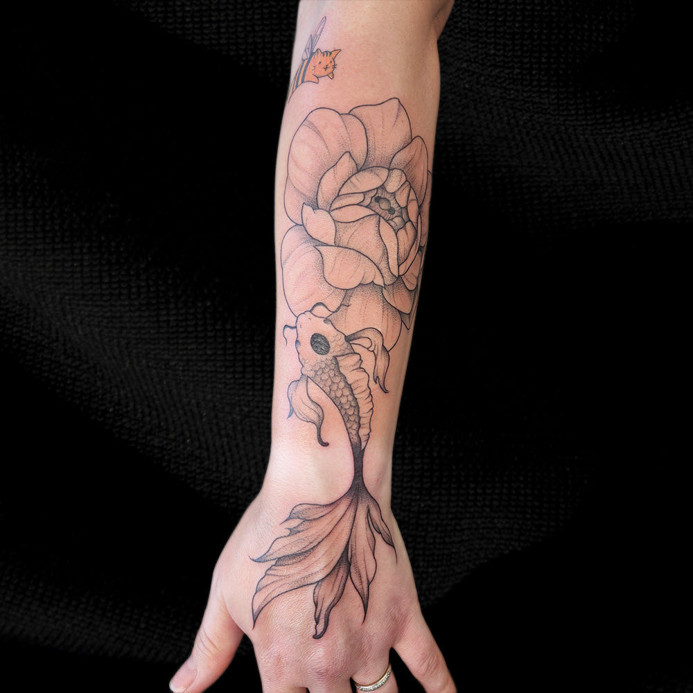 fine line koi fish flower tattoo by Lydia Pitts