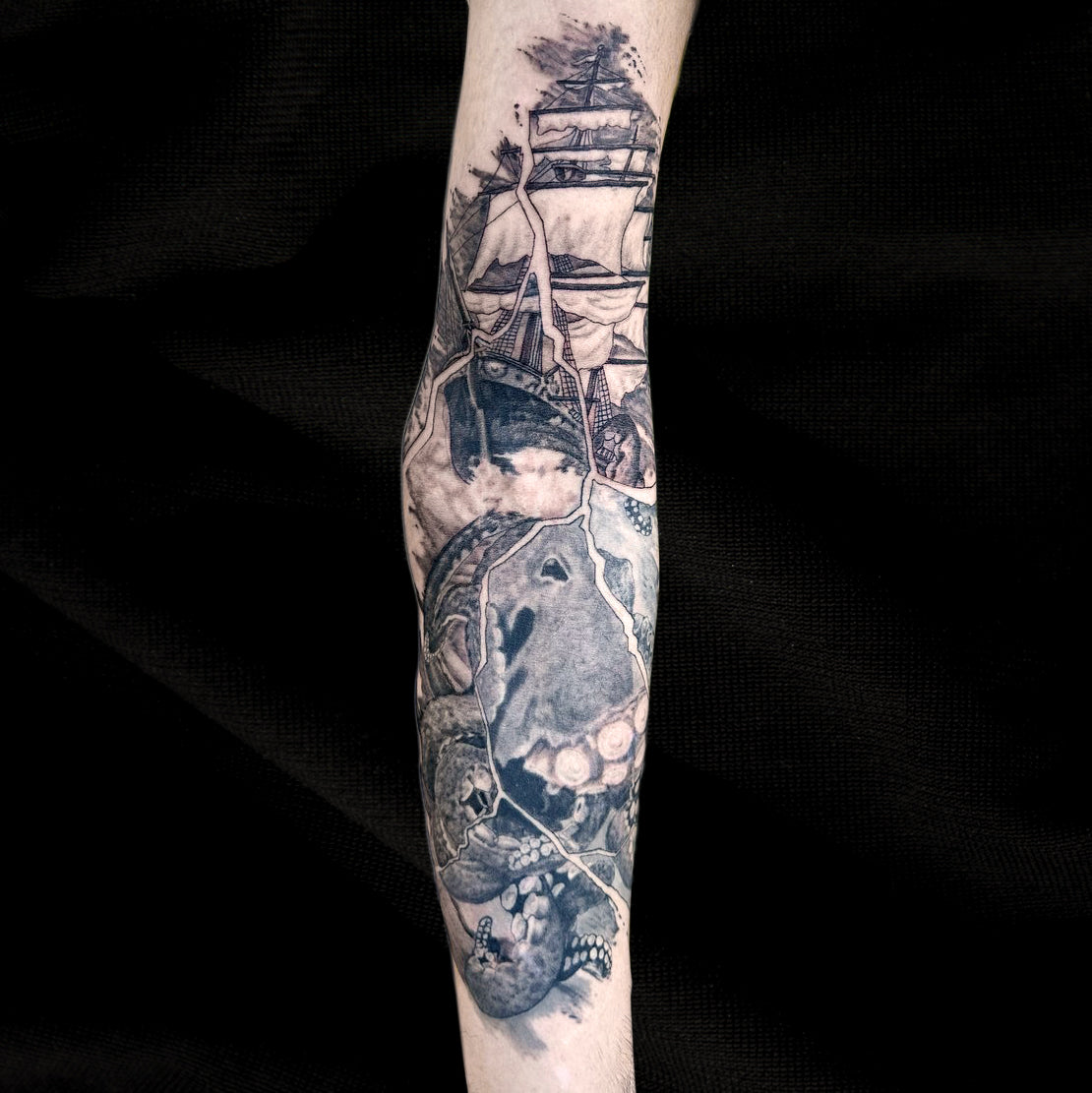 kraken ship tattoo sleeve by Danny Schreiber