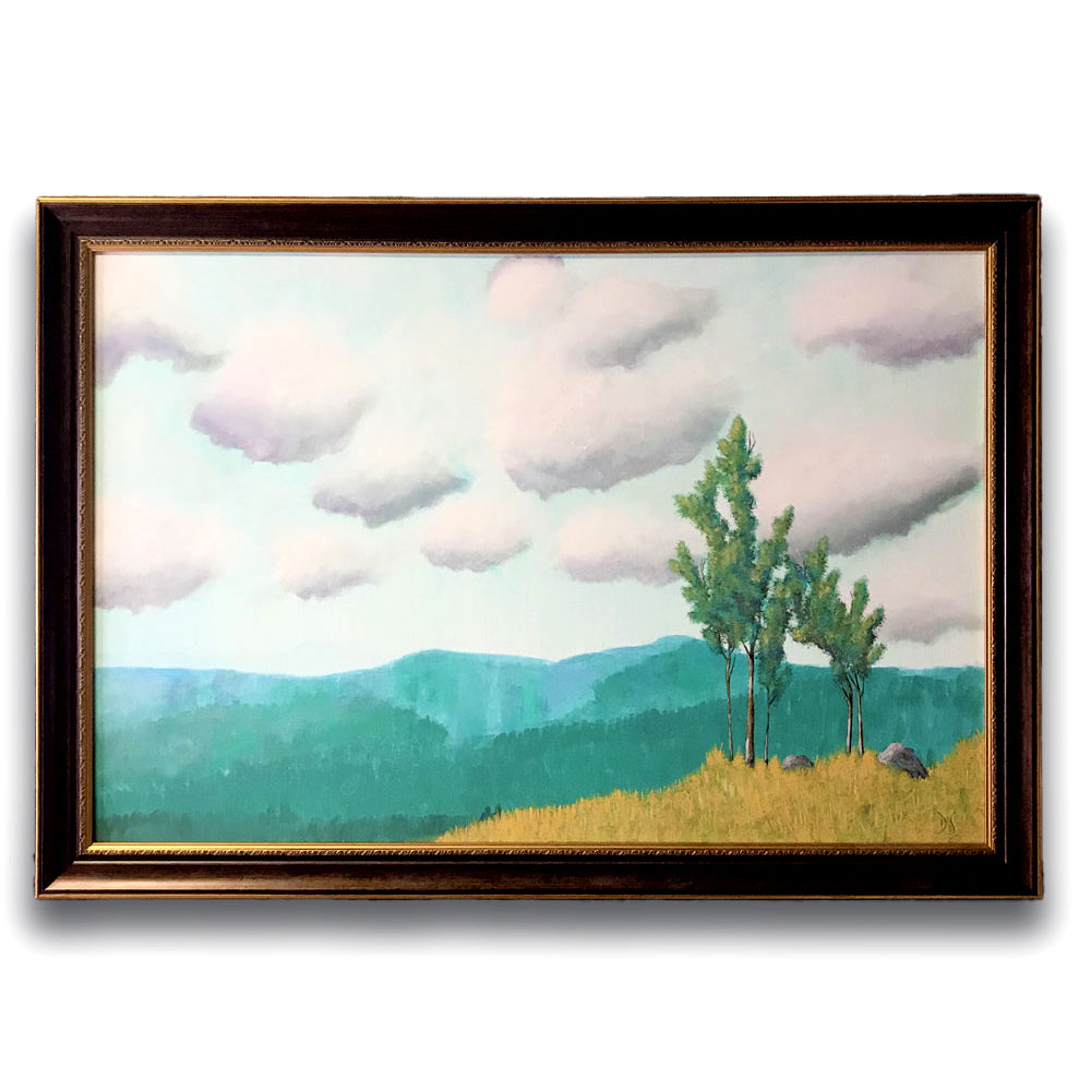 trees clouds teal landscape painting