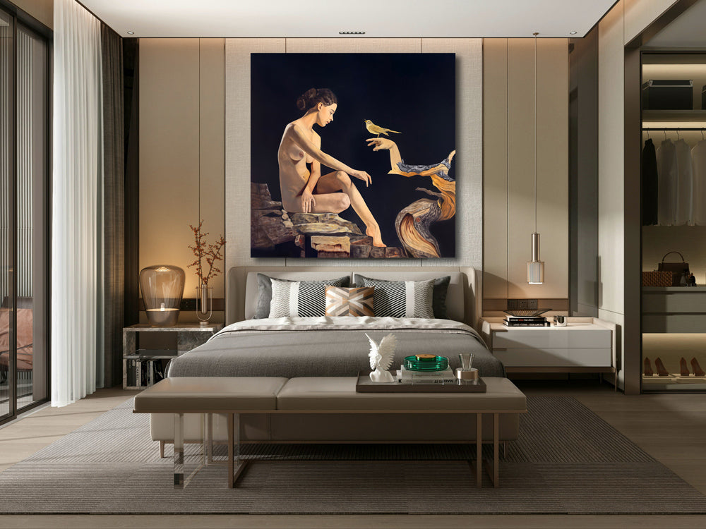 large painting hanging over bed