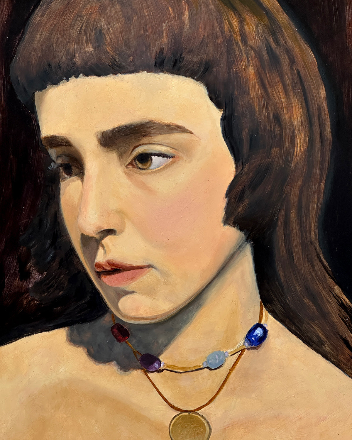 close-up surreal oil painting of a woman with a red starfish above their head against a dark background 