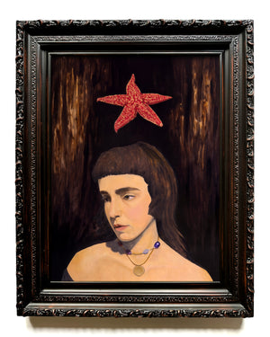 framed surreal oil painting of a woman with a red starfish above their head against a dark background 