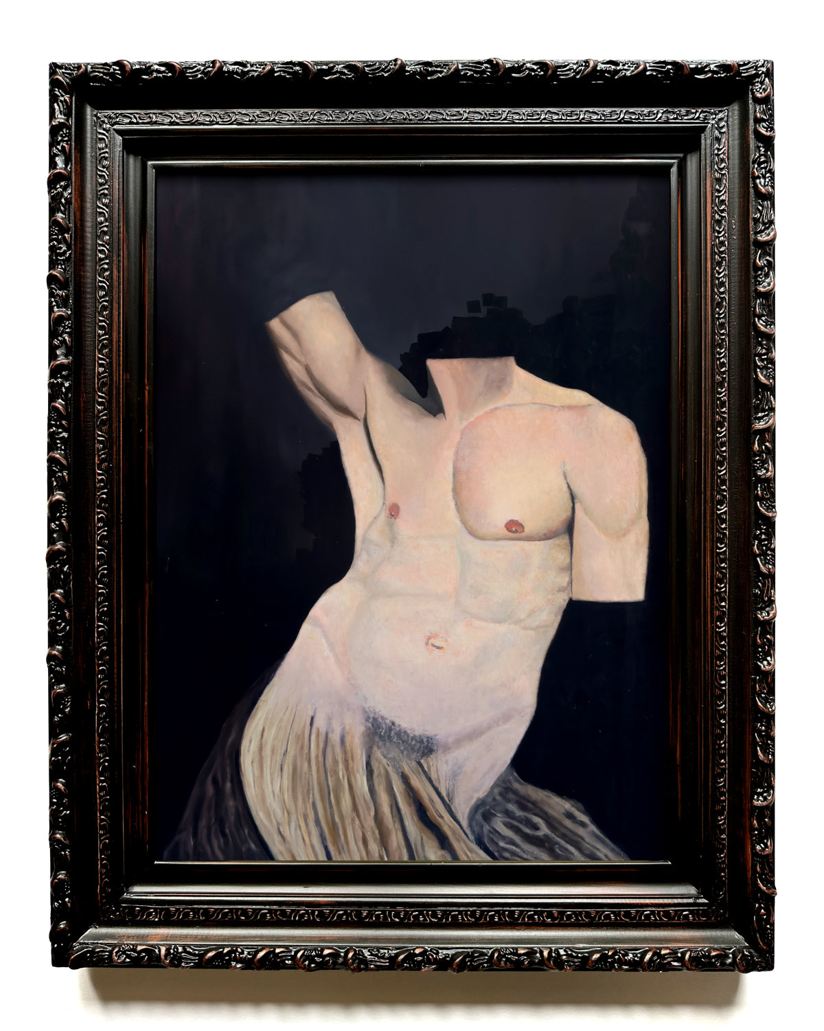 surreal male figurative oil painting by Danny Schreiber with dark background in frame