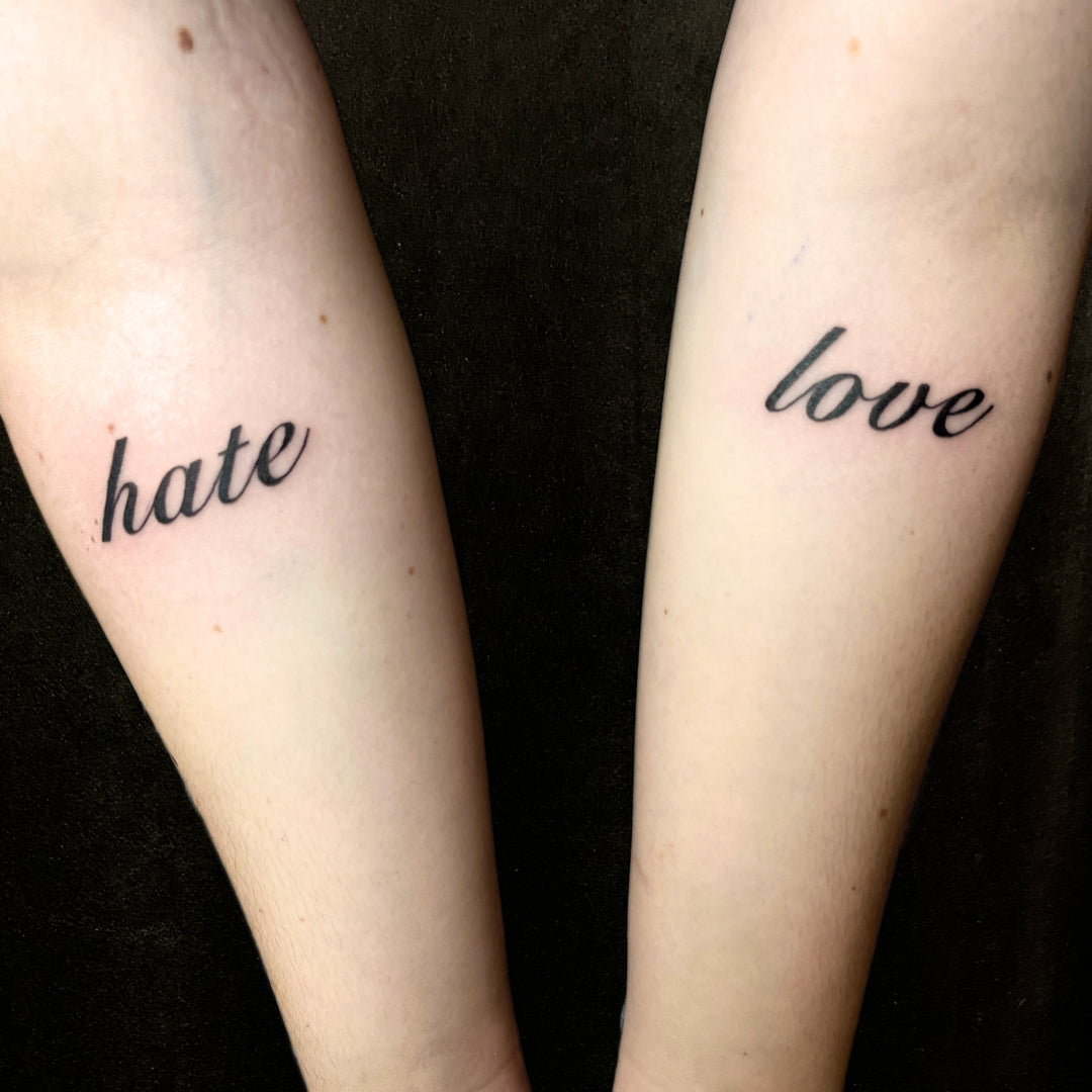love hate lettering tattoo by Juniper Jack