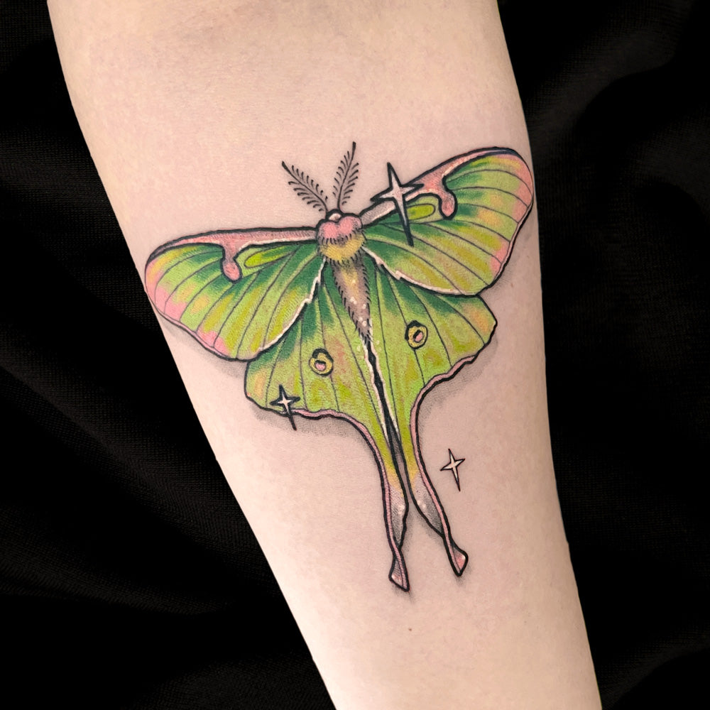 green luna moth tattoo by Cass Brown