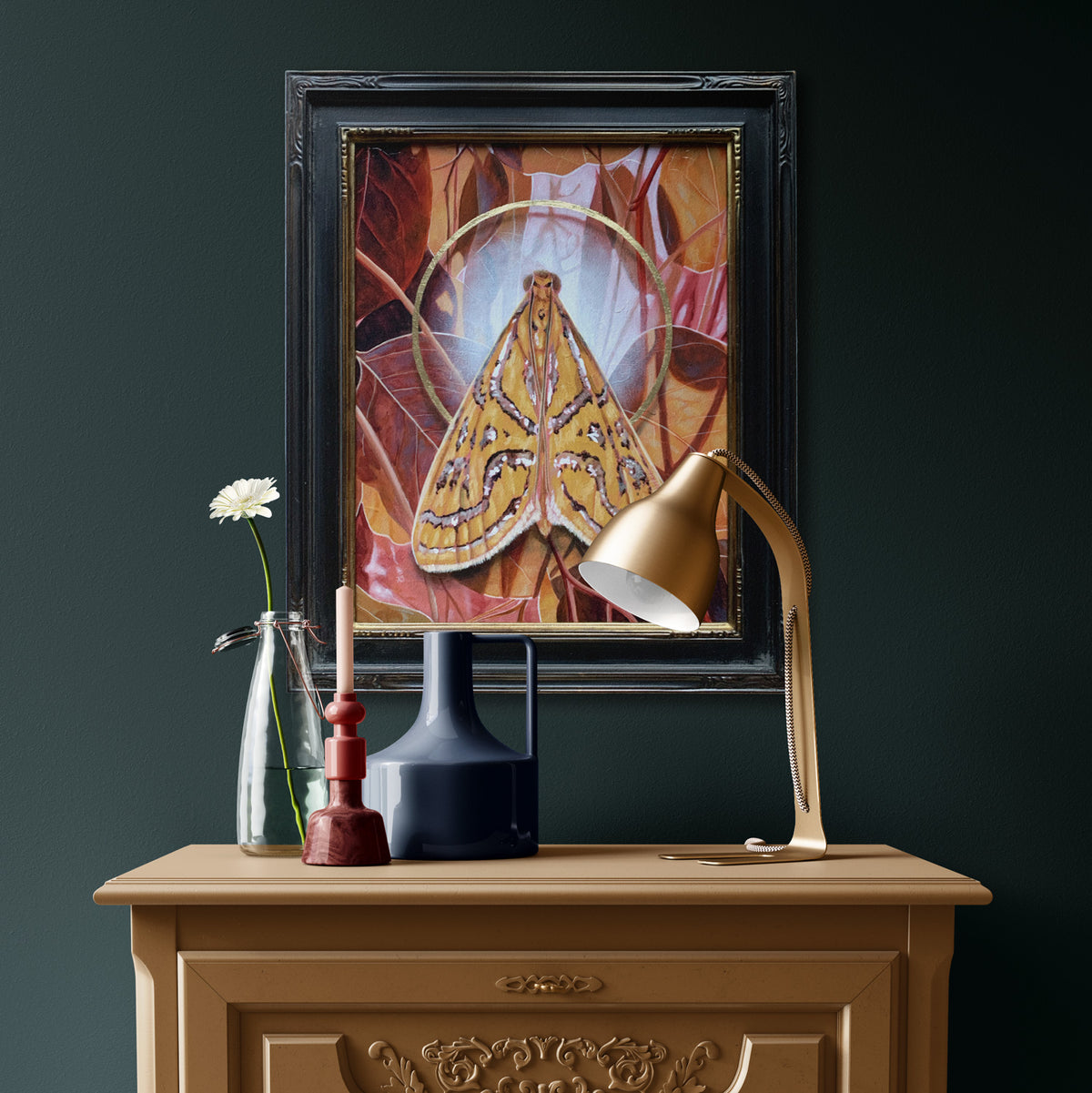 &#39;Gossamer&#39; glittering magdalena moth painting hanging on dark green wall