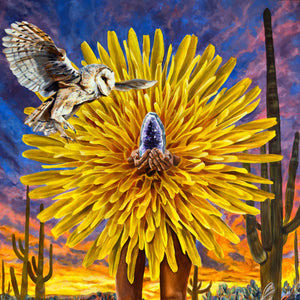 manipura chakra solar plexus art featuring a surreal dandelion, amethyst, owl, and desert sunset