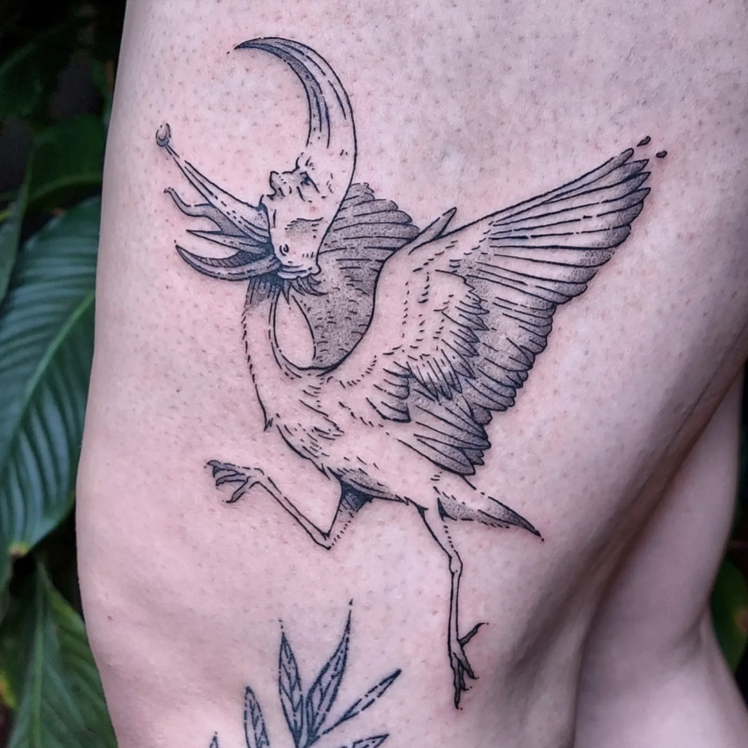 bird with moon head tattoo by Vincent Li