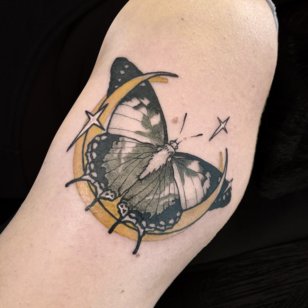 moth crescent moon tattoo by Cass Brown