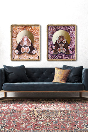 Mushroom moth art print pair framed on wall