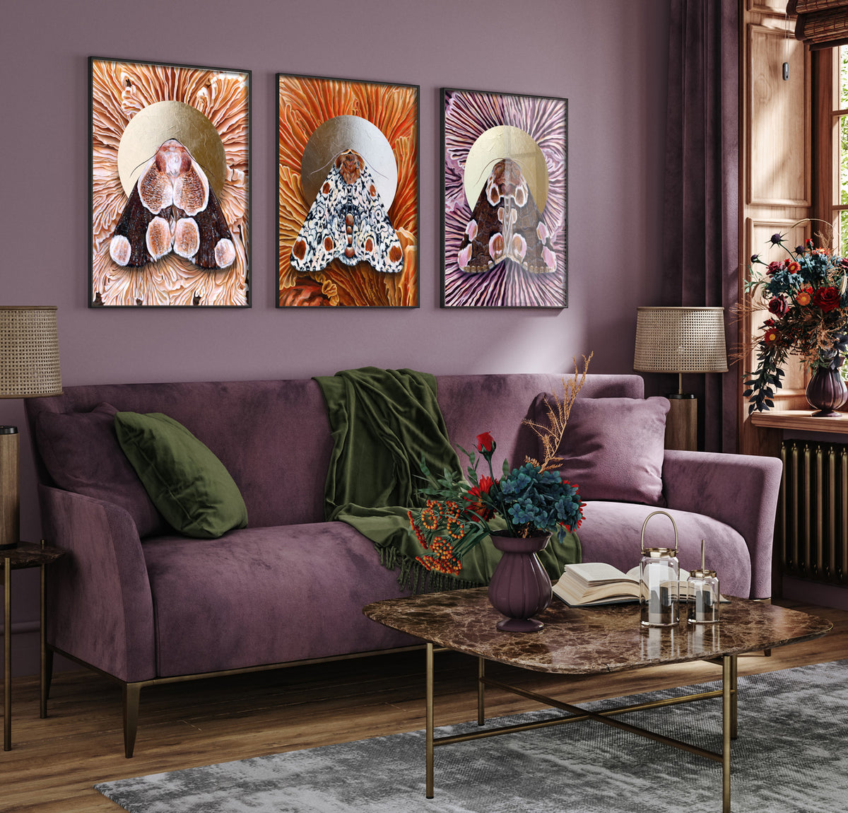 3 mushroom moth art prints on wall