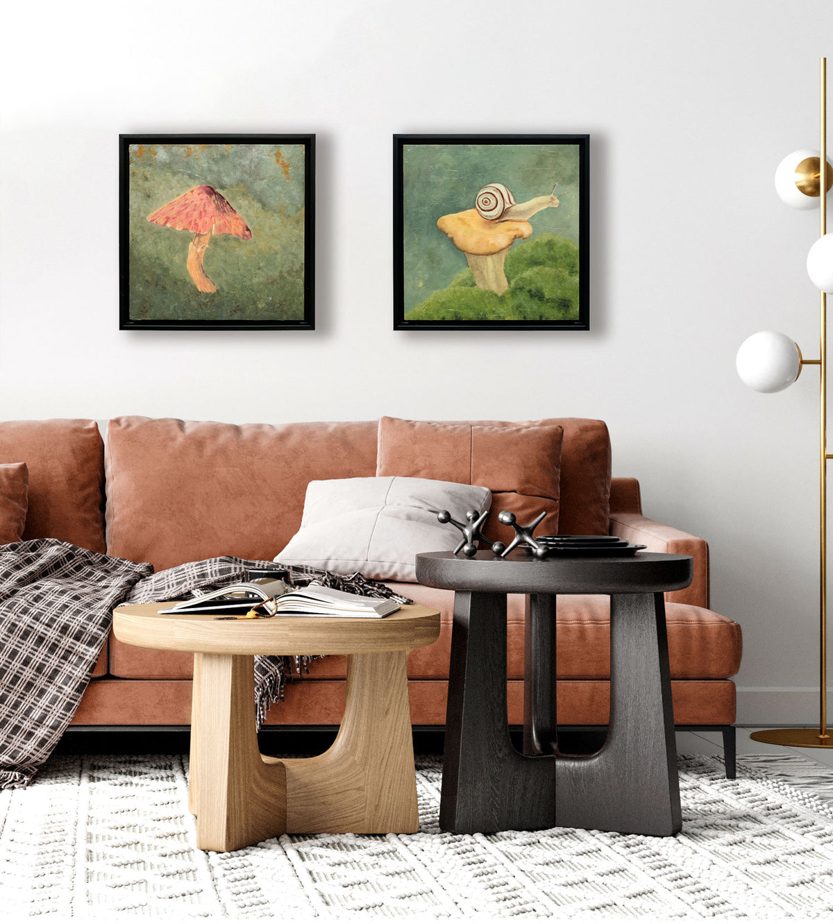 pair of mushroom paintings on wall