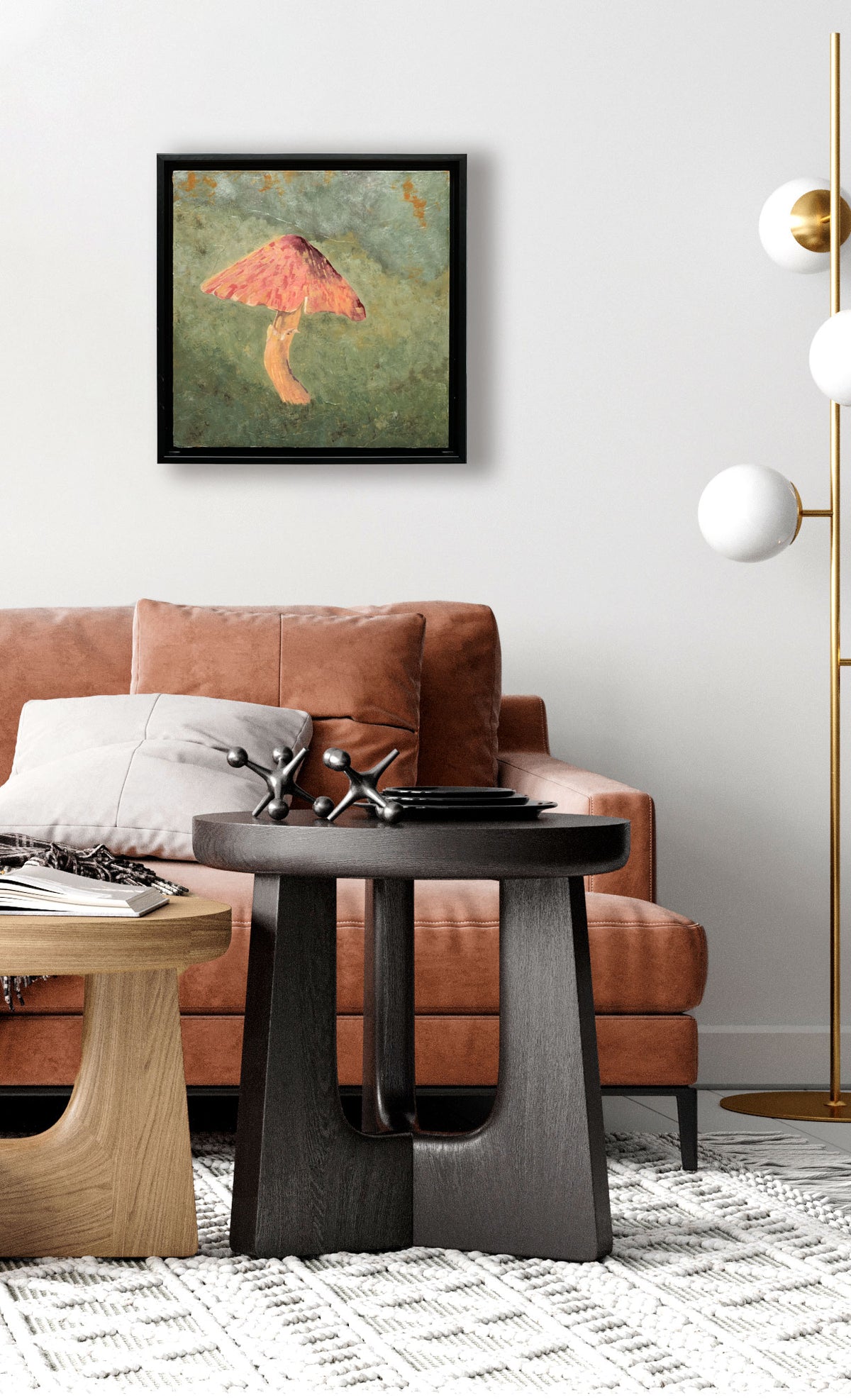 pink mushroom painting in black frame on wall