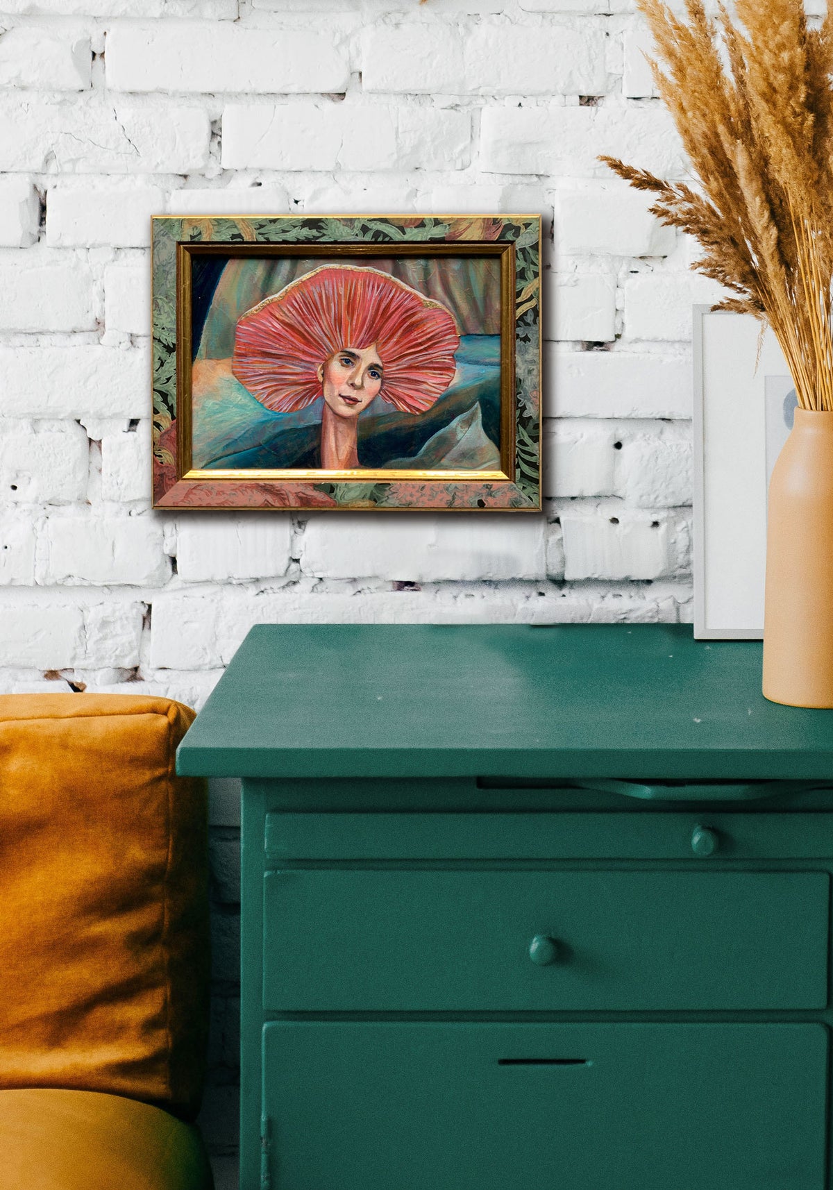 mushroom spirit small surreal painting on wall