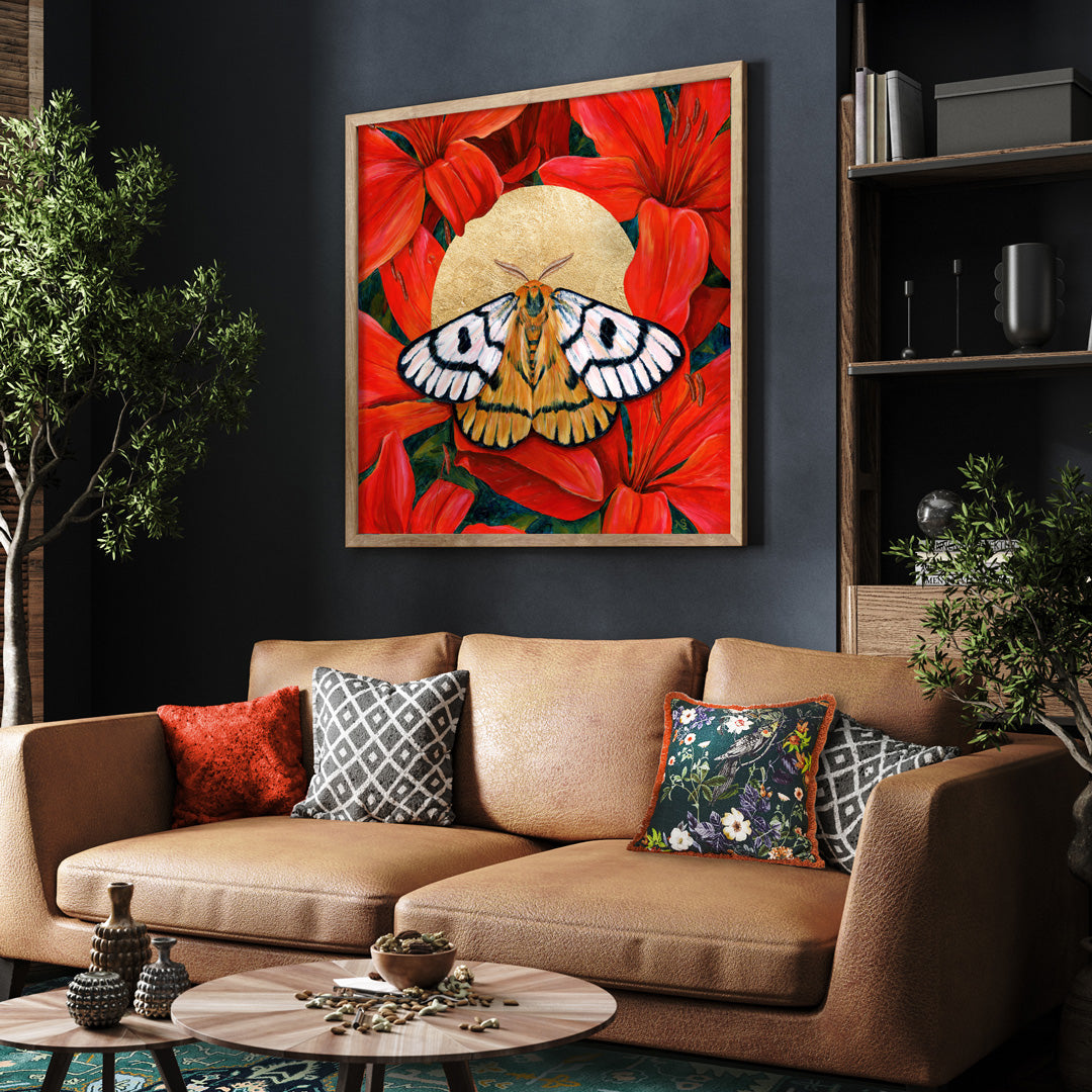 Nuttall&#39;s sheep moth red lilies art print large framed over sofa