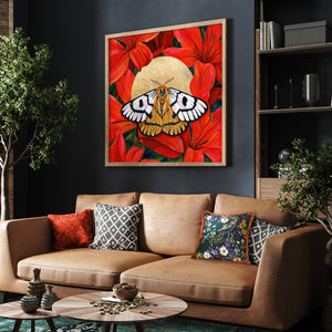 Nuttall's sheep moth red lilies art print large framed over sofa