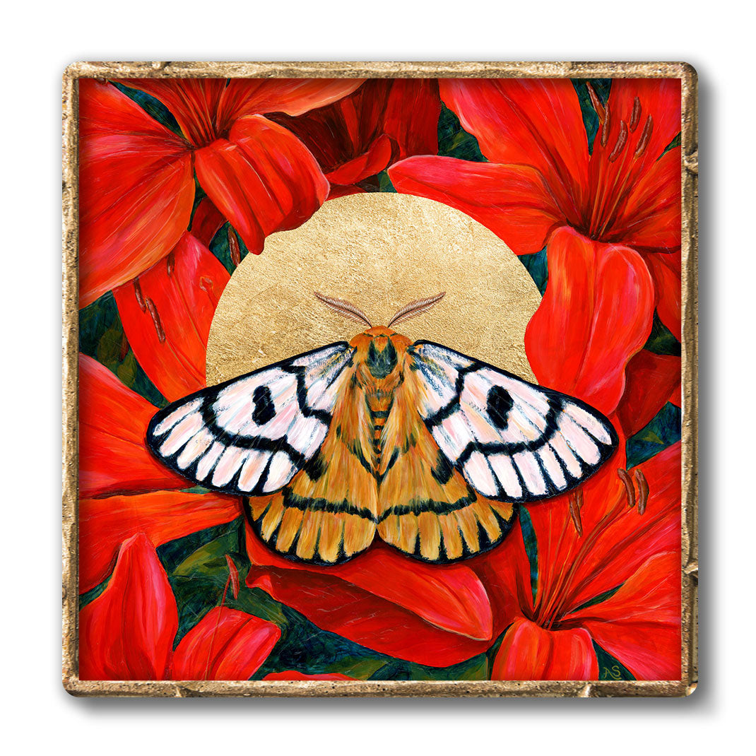 Nuttall&#39;s sheep moth red lilies art print in gold frame