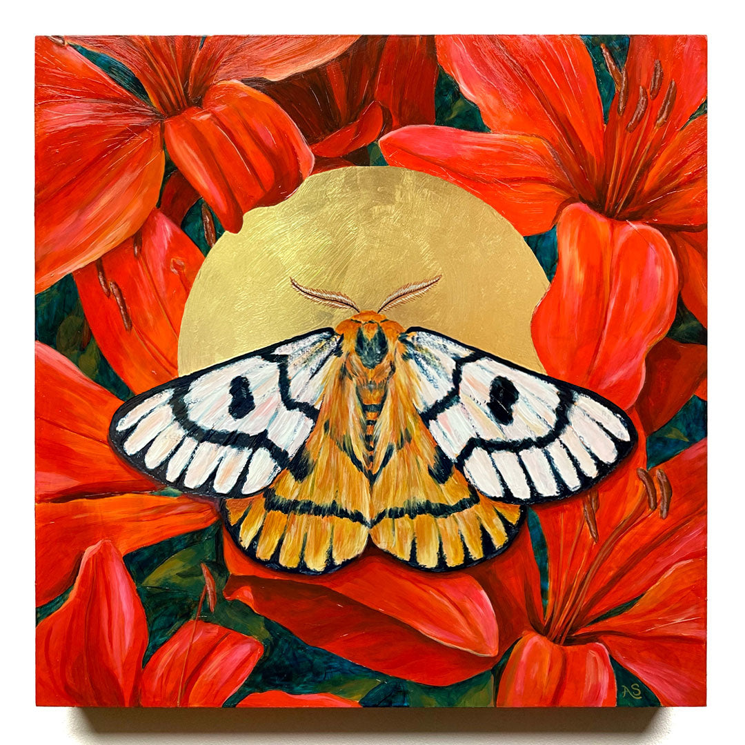 gold leaf nuttall&#39;s sheep moth painting with red lilies