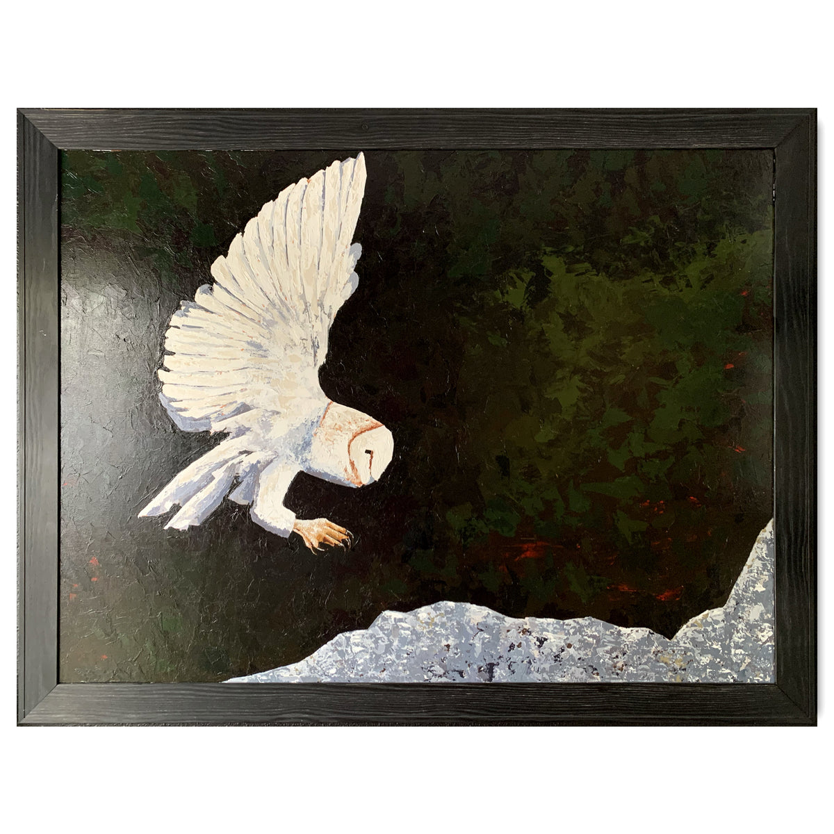 large owl painting in charcoal wood frame